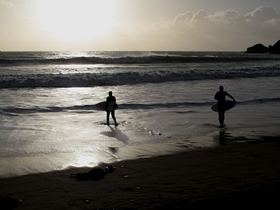 Surfing at Praa Sands in January