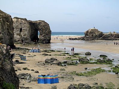 Perranporth Beach with its rock arches