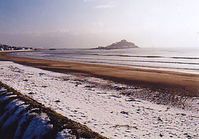 Snow on the Beach at Marazion with St Michael's Mount