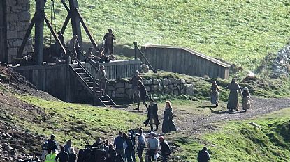 Aidan Turner and Eleanor Tomlinson during filming at Botallack